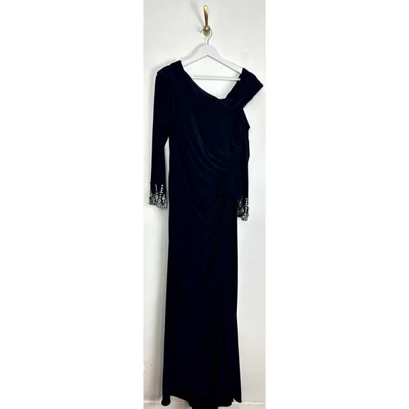 MAC DUGGAL One-Shoulder Long Sleeve Jersey Gown in Midnight Size US 14